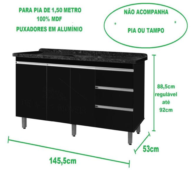 Gabinete Para Pia de 1.50 Metro balcão 100% MDF com Puxador em Alumínio inteiro chapa de 15mm ultimas unidades cor Preto fosco - PASSE BEM Imagem de Gabinete Para Pia de 1.50 Metro balcão 100% MDF com Puxador em Alumínio inteiro chapa de 15mm ultimas unidades cor Preto fosco