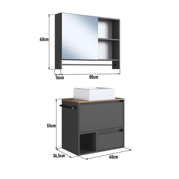Imagem de Gabinete Suspenso c/ Cuba 60cm Porta e Espelheira Toalheiro