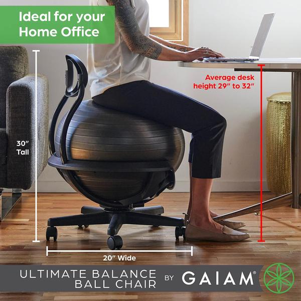 Imagem de Gaiam Ultimate Balance Ball Chair - Premium Exercise Stability Yoga Ball Ergonomic Chair para casa e escritório com base reforçada, bomba de ar, guia de exercícios, preto