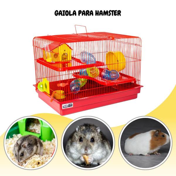 Imagem de Gaiola de Hamster 2 Andares com Tubos Rodinha Bebedouro Comedouro Casinha Vermelho