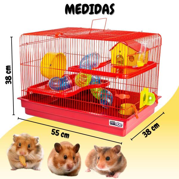 Imagem de Gaiola de Hamster 2 Andares com Tubos Rodinha Bebedouro Comedouro Casinha Vermelho