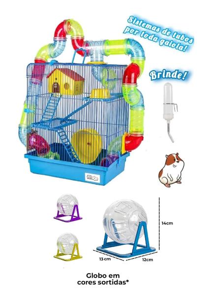 Imagem de Gaiola Hamster 3 Andares Tubo Luxo Azul + Globo + Bebedouro