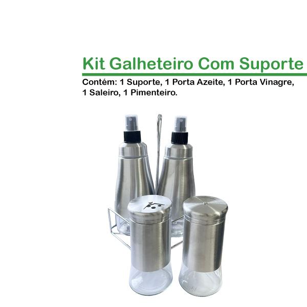 Imagem de Galheteiro Com 4 Peças C/suporte Spray Aço Inox Vidro Azeite