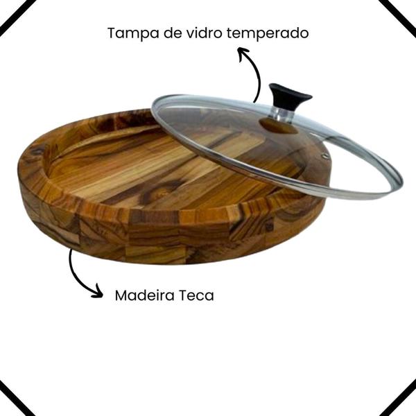 Imagem de Gamela De Madeira Churrasco Redonda Com Tampa De Vidro 33Cm