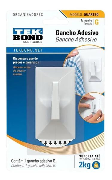 Imagem de Gancho Adesivo Quartzo de Parede Tam G Suporta Até 2kg Branco Tek Bond