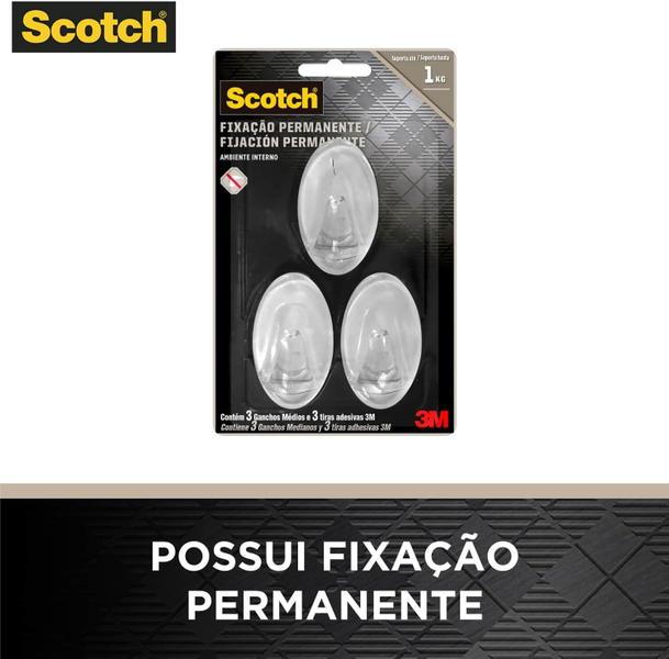 Imagem de Gancho Adesivo Scotch Fixação Permanente Sem Furos Transparente 3 unidades 3M