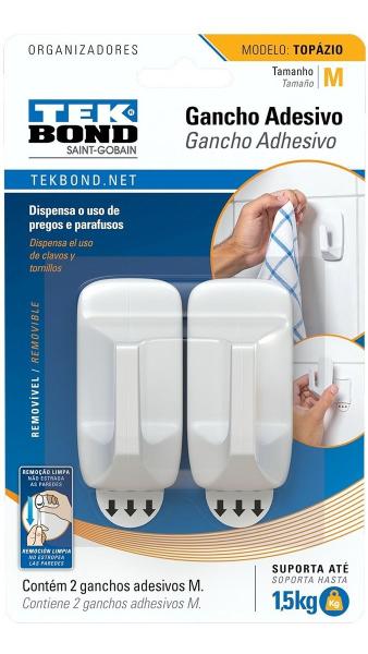 Imagem de Gancho Adesivo Topázio Tam M Suporta 1,5 Kg Branco Tek Bond