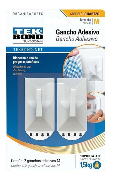 Imagem de Gancho Adesivo Topázio Tam M Suporta 1,5 Kg Branco Tek Bond