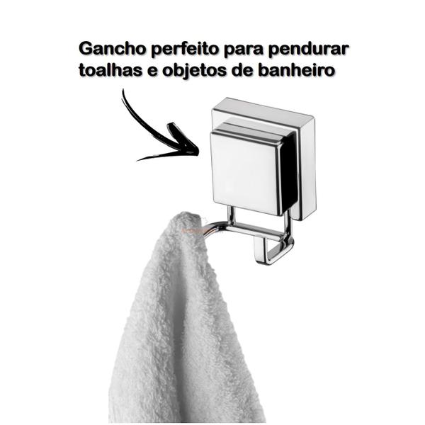 Imagem de Gancho Duplo Multiuso Com Ventosa Para Toalhas Objetos Utensílios Banheiro Cromado - 8055 Future