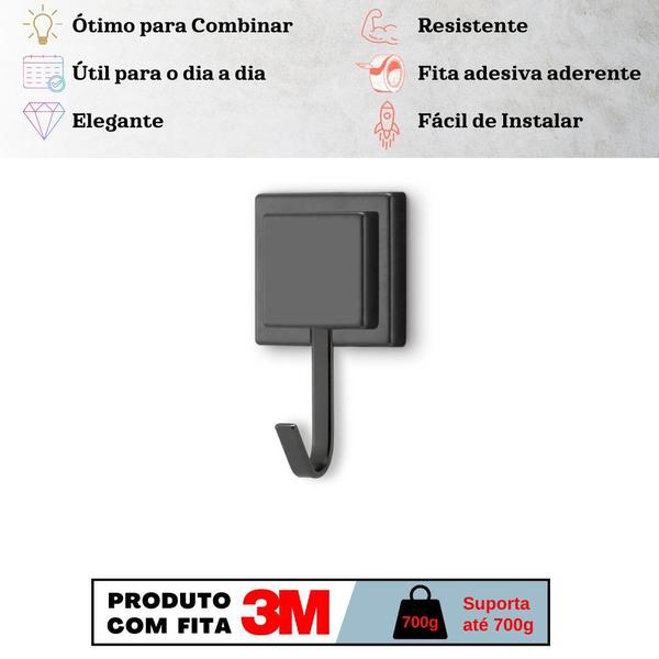 Imagem de Gancho Unitário Fixação Fita 3M Preto Suporte Toalha