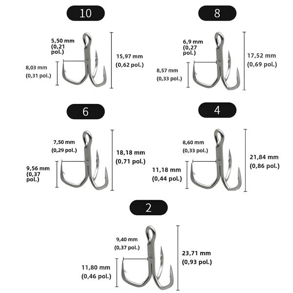 Imagem de Ganchos de Pesca Triplos Afiados - 10 Peças (Tamanhos 2, 4, 6, 8 e 10)