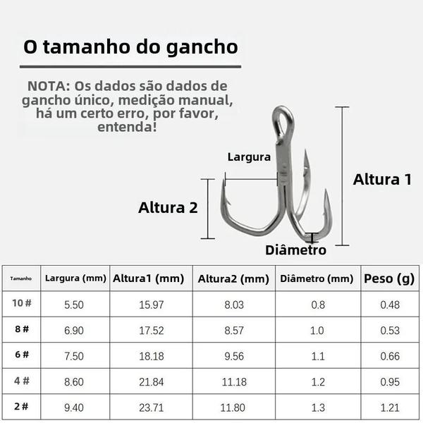 Imagem de Ganchos Triplos Resistentes (10 Peças) - Tamanhos 2/4/6/8/10 para Pesca de Truta e Peixes