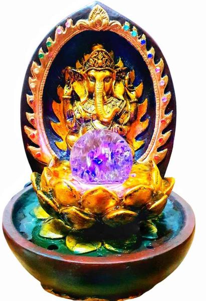 Imagem de Ganesha Com Flor de Lotus Elefante Fonte de Agua  Indiano Com Bola Giratória E Luz