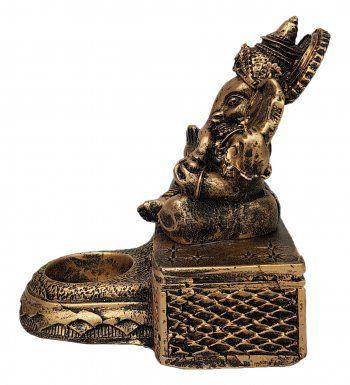 Imagem de Ganesha na Base com Castiçal Dourado Resina 13,5cm
