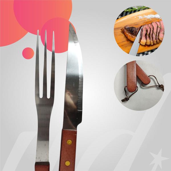 Imagem de Garfo e faca para churrasco inox com madeira