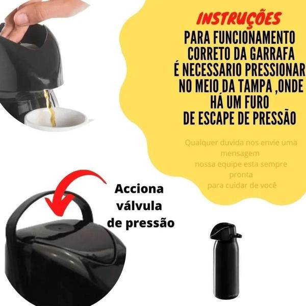 Imagem de garrafa 1 litro Térmica de pressão 1L Aço Inox café Água quente Garantida Por 24 Horas