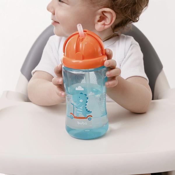 Imagem de Garrafa Bebê Infantil Dino Patinete 340ml Canudo Silicone BPA Free Azul Buba