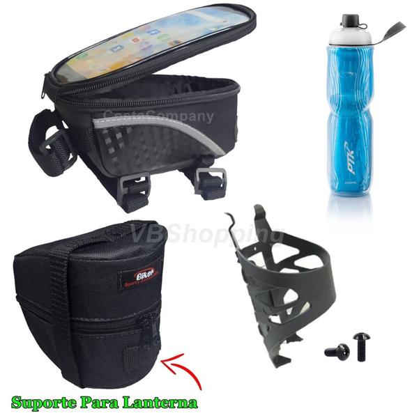 Garrafa caramanhola + suporte + bolsa de selin + bolsa porta celular bike - PTK Imagem de Garrafa caramanhola + suporte + bolsa de selin + bolsa porta celular bike