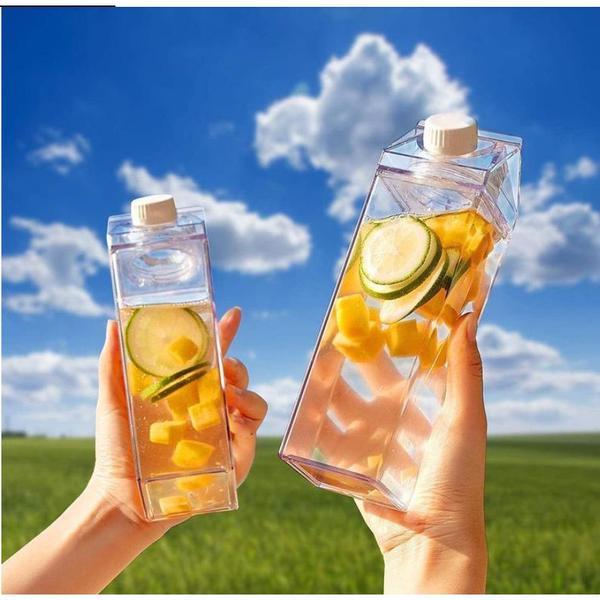 Imagem de Garrafa de Acrílico  Plástico Sem BPA Resistente Água Suco Leite Quadrada Caixa Com Tampa Bebida
