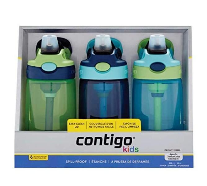 Imagem de Garrafa de água Contigo Kids Autospout 414ml, pacote com 3 unidades, verde/azul