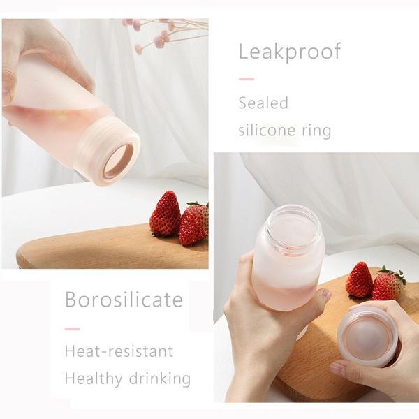 Imagem de Garrafa de água de vidro transparente fosco 420ml portátil bonito BPA Free Waterbottle Milk Juice Cup Home Office Equipamentos de home office presentes Garrafas de água (rosa)