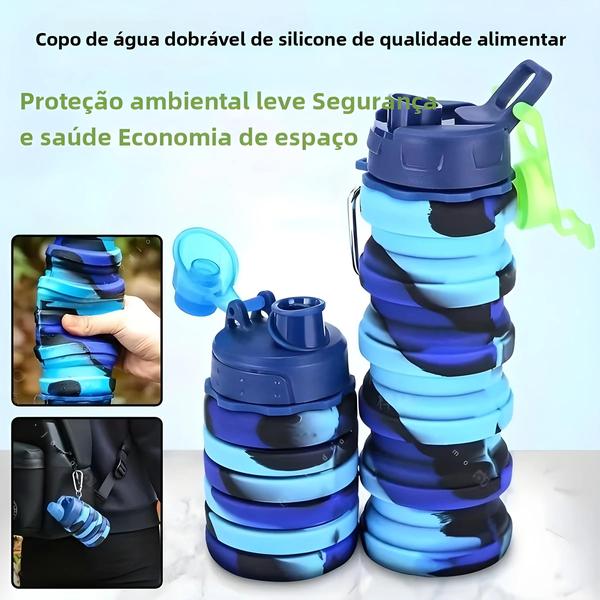 Imagem de Garrafa de Água Esportiva Dobrável de Silicone - Reutilizável e à Prova de Vazamentos - com Mosquetão