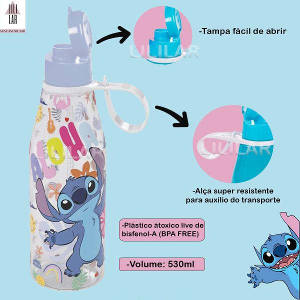 Imagem de Garrafa de Água Lilo Stitch Tampa Abre Fácil e Alça 530ml