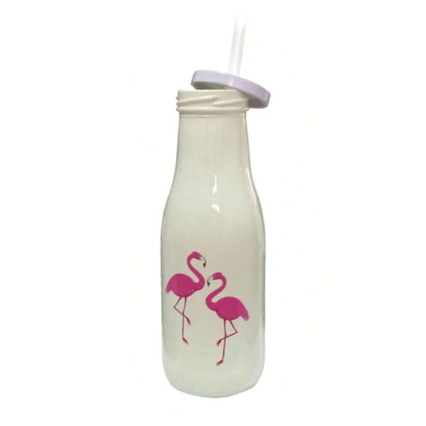 Imagem de Garrafa De Vidro Flamingo Com Canudo 430ml Ca16014