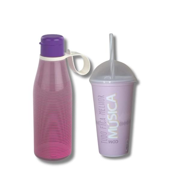 Imagem de Garrafa e copo shake plástico personalizado cor rosa e roxo