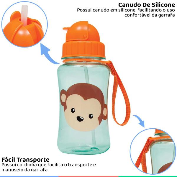 Imagem de Garrafa Infantil 400ml Com Canudo de Silicone Para Bebê 12+ Meses Animal Fun Macaco Buba