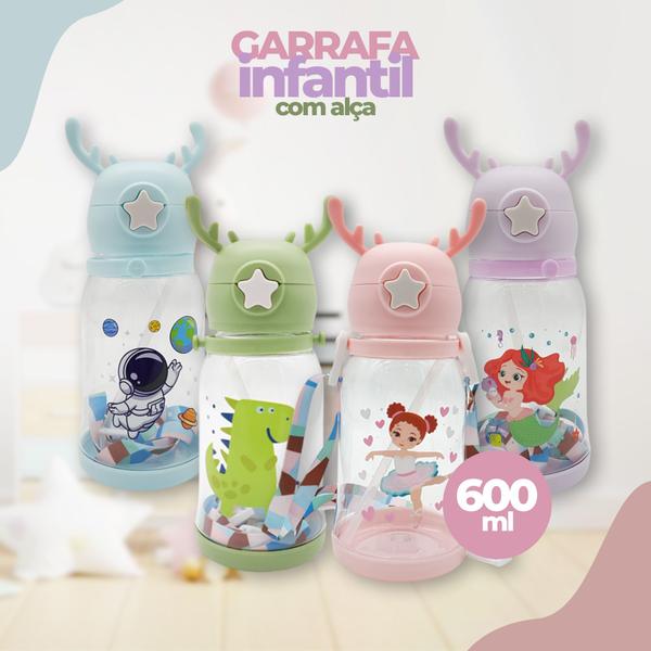 Imagem de Garrafa Infantil 600ml Com Tampa e Canudo e Alça Chifre Trava de Segurança