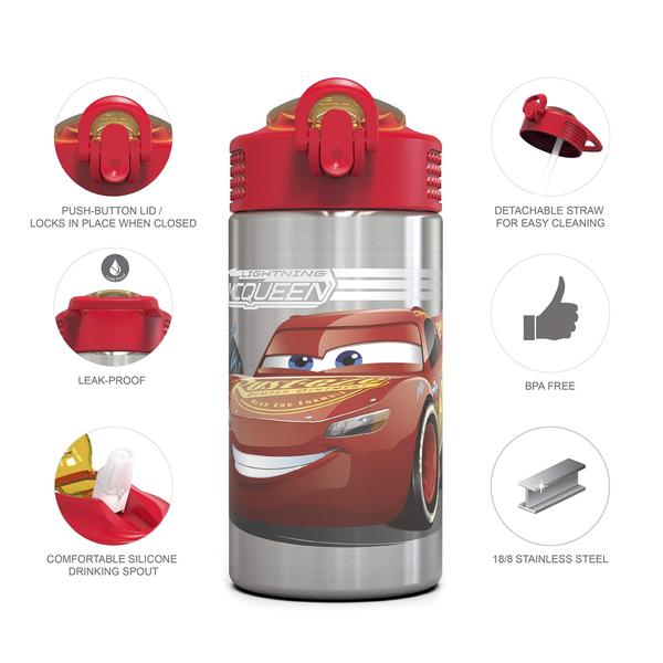 Imagem de Garrafa infantil Disney Cars 3 inox: tampa com ação de uma mão e bico de palha (15,141ml, livre de BPA)