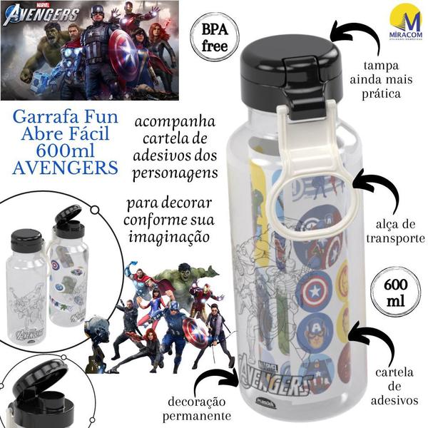 Imagem de Garrafa infantil Fun Avengers com adesivos 600ml Plasutil ref. 16692