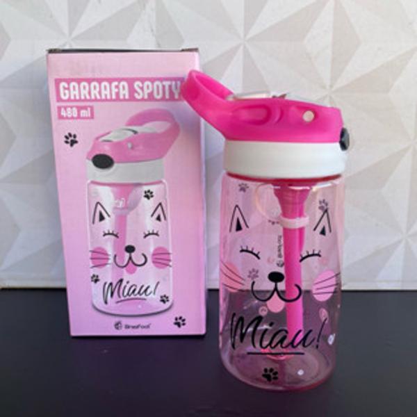 Imagem de Garrafa infantil gatinho rosa 480ml de plástico com canudo e botão para água