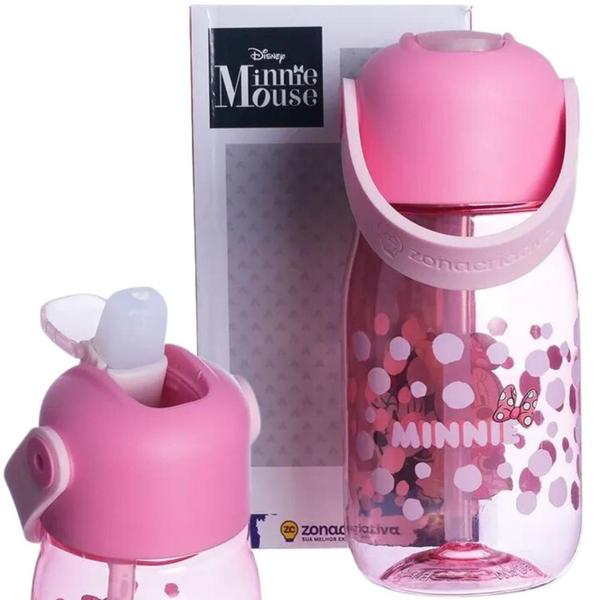 Imagem de Garrafa Minnie Mouse Infantil Com Canudo Silicone Alça 400ml BPA Free Oficial Disney - Zona Criativa