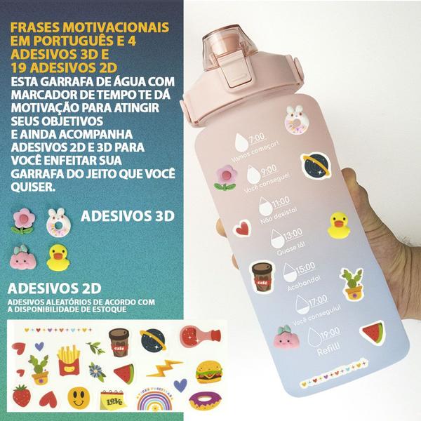 Imagem de Garrafa Squeeze De Água Para Academia Escola 2 Litros Tie Dye Frases Motivacionais Adesivos 2D 3D Alça Antivazamento