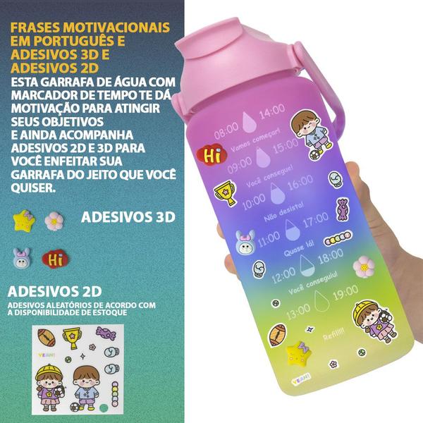 Imagem de Garrafa Squeeze Para Água Para Academia Escola 2 Litros Tie Dye Frases Motivacionais Adesivos 2D 3D Alça Antivazamento