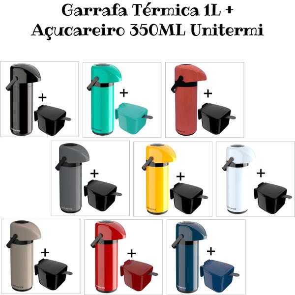 Imagem de Garrafa Térmica 1 Litro Sistema Pressão Verona + Açucareiro 350 ML Garrafa com Alça Ampola de Vidro