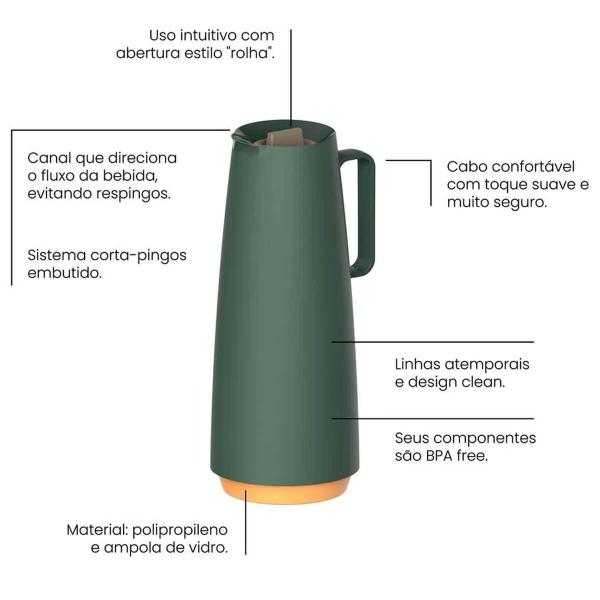 Imagem de Garrafa Térmica 1L em Plástico com Ampola de Vidro Bule Térmico Tramontina Verde