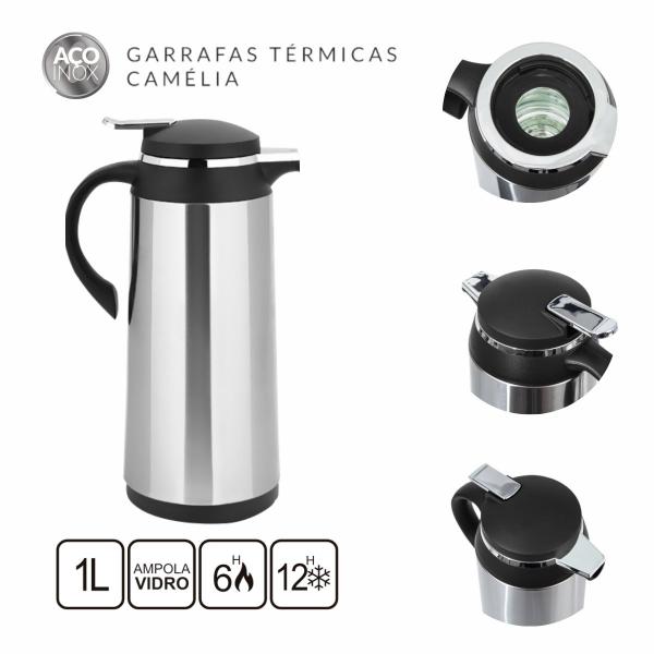 Imagem de Garrafa Térmica Aço Inox Camélia Preta 1 L Termopro Glass