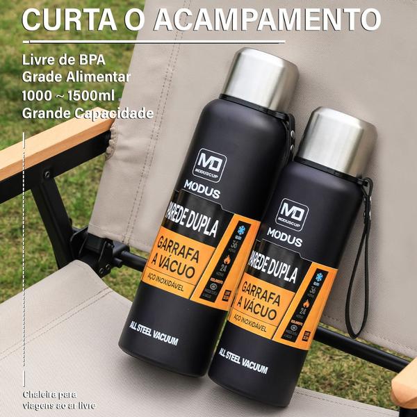 Imagem de Garrafa Térmica Água Café Suco Para Academia Passeio Caminhada Camping Aço Inox 1L ou 1,5L Com Bolsa de Transporte Bebida Quente Gelada