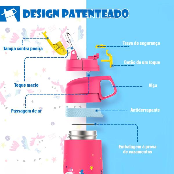 Imagem de Garrafa Térmica Bebê Criança Infantil 350ml com Canudo e Alça Parede Dupla Aço Inox para Água Suco Leite Rosa ou Branco Escola Passeio 