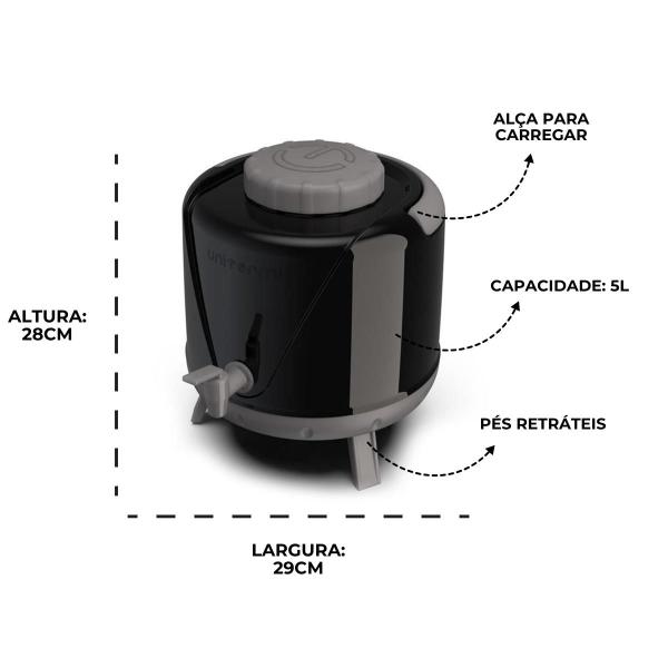 Imagem de Garrafa Térmica Botijão 5 de Litros com Torneira para Café água Suco Chá  Com Alça Frio e Quente- Preto