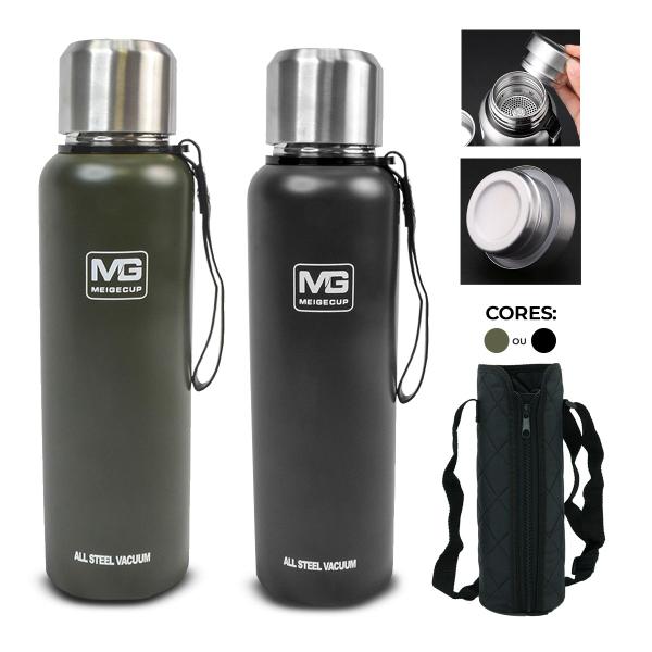 Imagem de Garrafa Térmica Café Suco Água Aço Inox 1L ou 1,5L C/ Bolsa de Transporte Academia Passeio Caminhada Camping Bebida Quente Gelada 