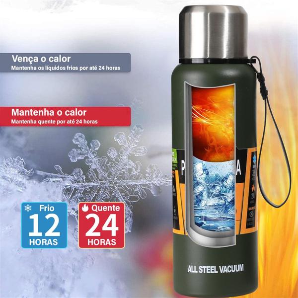 Imagem de Garrafa Térmica Café Suco Água Aço Inox 1L ou 1,5L C/ Bolsa de Transporte Academia Passeio Caminhada Camping Bebida Quente Gelada 