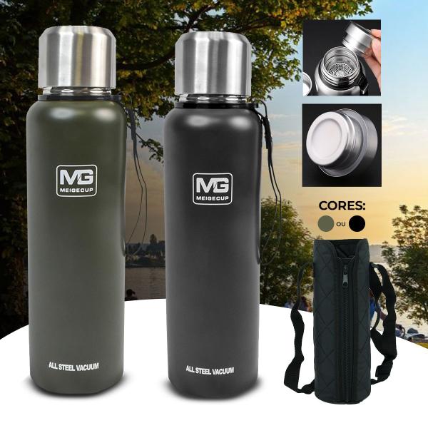 Imagem de Garrafa Térmica Café Suco Água Aço Inox 1L ou 1,5L Com Bolsa de Transporte Academia Passeio Caminhada Camping Bebida Quente Gelada 