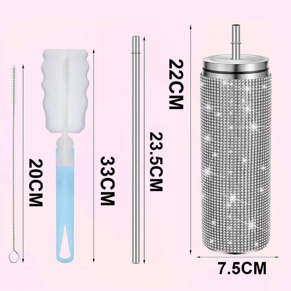 Imagem de Garrafa Térmica Copo Água Suco Café Com Brilho Strass Canudo de Aço Inoxidável 600ml Kit Limpeza Academia Passeio Caminhada