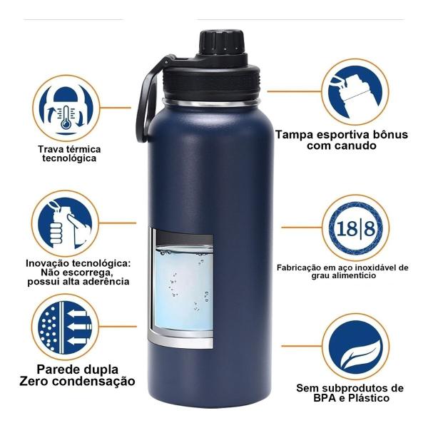 Imagem de Garrafa Térmica de Água Parede Dupla Aço Inox 1L Café Suco Água Camping Academia Passeio Caminhada