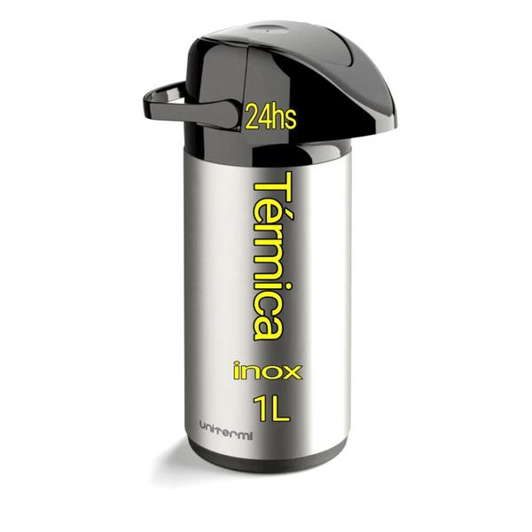 garrafa térmica grande de pressão 1L Aço Inox café Água quente Garantida Por 24 Horas - UNITERMI INVICTA Imagem de garrafa térmica grande de pressão 1L Aço Inox café Água quente Garantida Por 24 Horas