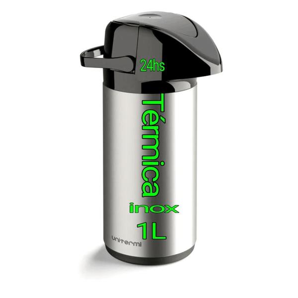 garrafa térmica grande de pressão 1L Aço Inox café Água quente Garantida Por 24 Horas - UNITERMI INVICTA Imagem de garrafa térmica grande de pressão 1L Aço Inox café Água quente Garantida Por 24 Horas